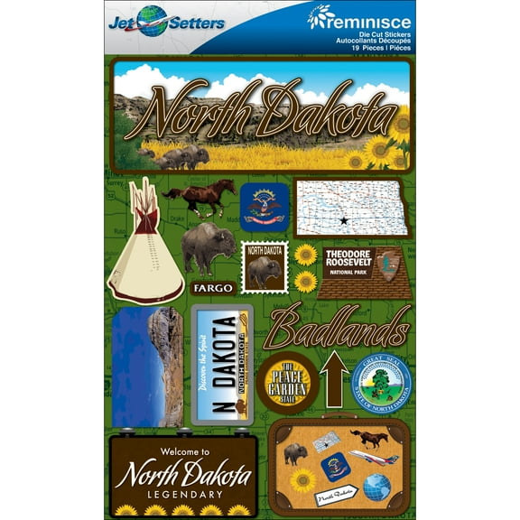 Reminisce Jet Setters State Dimensional Stickers 4.5"X7.5"-North Dakota