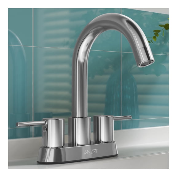 Remnants 4 in. Centerset Double Handle Mid Arc Bathroom Sink Faucet with Drain Kit and Deckplate in Polished Chrome