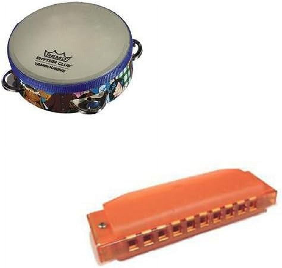 Remo Rhythm Club Kids Tambourine Deluxe w/Hohner Kids BPA FREE Translucent Orange Harmonica