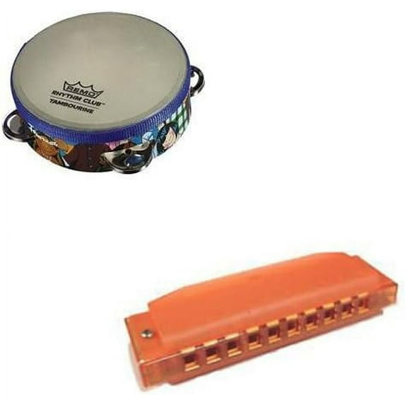 Remo Rhythm Club Kids Tambourine Deluxe w/Hohner Kids BPA FREE Translucent Orange Harmonica
