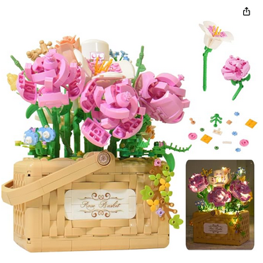 Remocguys Flower Bouquet Building Set Pink Roses With Basket LED Not Compatible with Lego 1277 Pcs