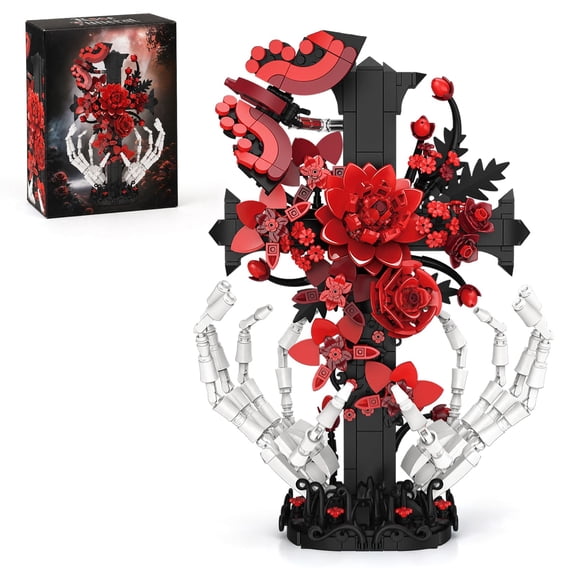 Remocguys Cross Rose Skeleton Hand Building Set Compatible with Lego Flower Gothic Collectible Model for Adults Teens 901pcs