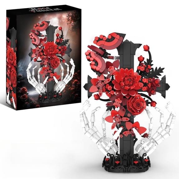 Remocguys Cross Rose Skeleton Hand Building Set Compatible with Lego Flower Gothic Collectible Model for Adults Teens 901pcs