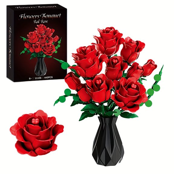 Remocguys Red Rose Flower Building Set Compatible with Lego Flowers Decor Gift for Adults Valentine's Day 443 Pcs