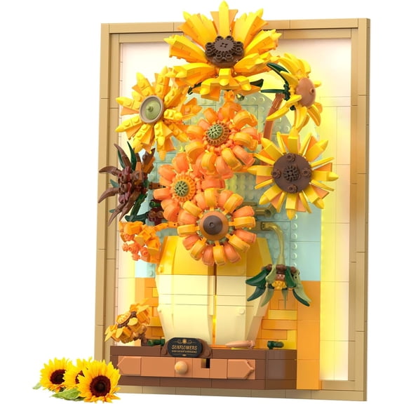 Remocguys Van Gogh Sunflower Building Set with Light Compatible with Lego Flowers Wall Art Home Decor Gift for Adults 1166Pcs