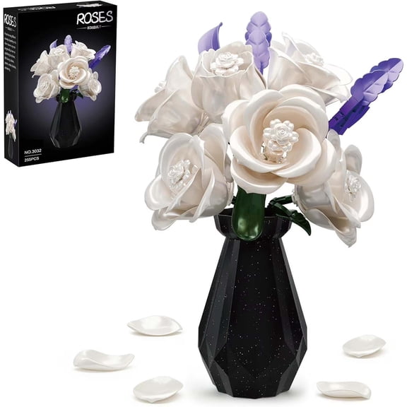 Remocguys White Roses Bouquet Building Blocks Set Compatible With Lego Flower Artificial Botanicals with Vase Wedding Decorations for Adults Women 255pcs