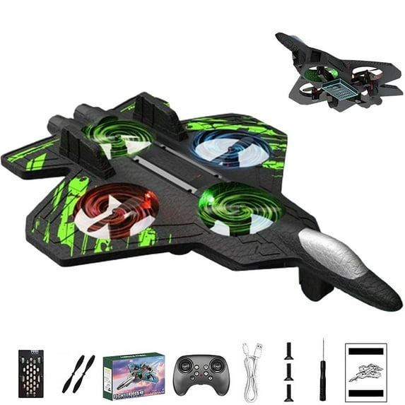Remote Control Airplane,Fighter Jet Drone,2026 Upgraded RC Stunt Fighter Jet Toy for Adult with 360° Flips & LED Lights, Remote Control Airplanes Foam Planes Drone with Battery & Fan(Green)
