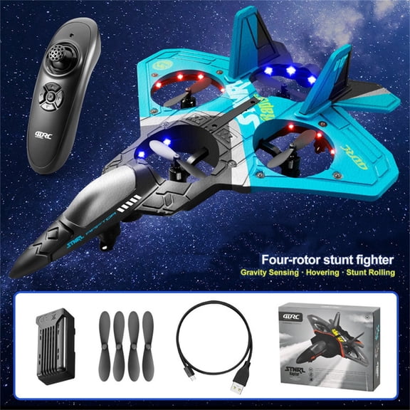 Remote Control Airplane, Rc Fighter Jet Glider Foam Drone Toy With 1 Battery, 1 Remote Controller, 1 Charging Cable, 4 Spare Propellers, Blue, For, Outdoor Play, Hobby