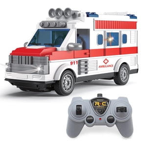 Remote Control Ambulance, 1/30 RC Car Aid Truck Toy Model 4 Channel Electric Ambulance Vehicles Emergency Rescue Cars with Lights&Sound, Gifts for Kids