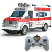 Remote Control Ambulance, 1/30 RC Car Aid Truck Toy Model 4 Channel Electric Ambulance Vehicles Emergency Rescue Cars with Lights&Sound, Gifts for Kids