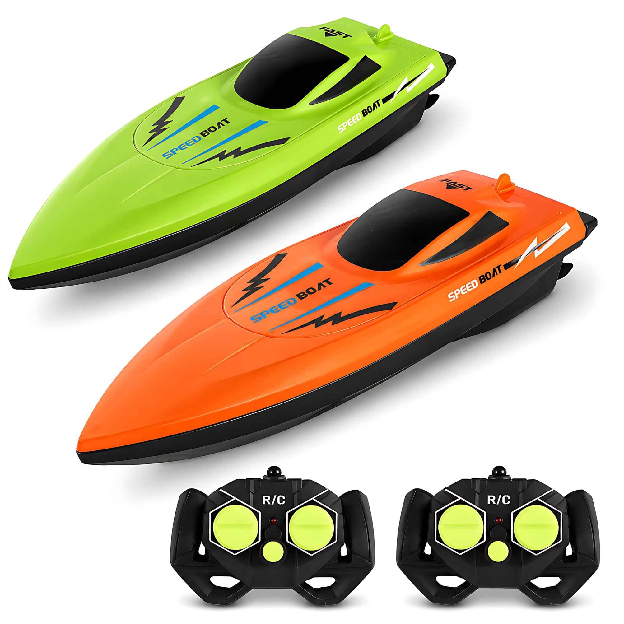 Remote Control Boat 2-Pack, 2.4G Dual Motor Speedboats for Pools and Lakes, Waterproof Outdoor Water Toy for Kids Age 6+, Orange & Green