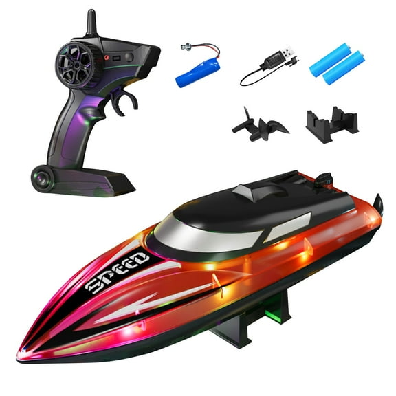 Remote Control Boat for Kids, RC Boat for Pool Lake River Pond with LED Lights, Self-Righting Waterproof Fast Speed Racing Boat, 2 Speed Modes 60Mins Rechargeable Batteries Electric Boat Red