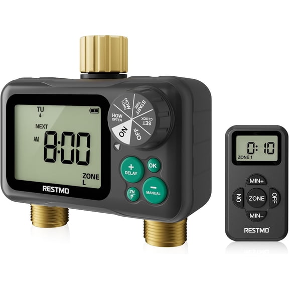 Remote Control Brass Sprinkler Timer for Outdoor Hose Faucet 2 Zone with Large Dial Rain Delay Manual Auto