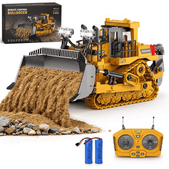Remote Control Bulldozer Toy, 9-Channel RC Construction Vehicle with 2.4GHz Remote, Lights & Sound Effects, Realistic Engineering Truck Gift for Kids Ages 6+