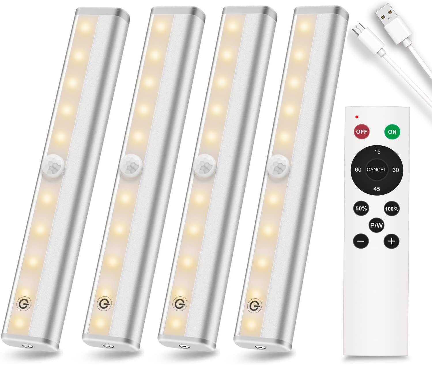 Remote Control Under Cabinet Lighting Wireless, 20-LED Dimmable Closet Lights Rechargeable Under Counter Light, Stick on Touch Night Light Strip Bar for Kitchen Stairway Bedroom, 3 Colors