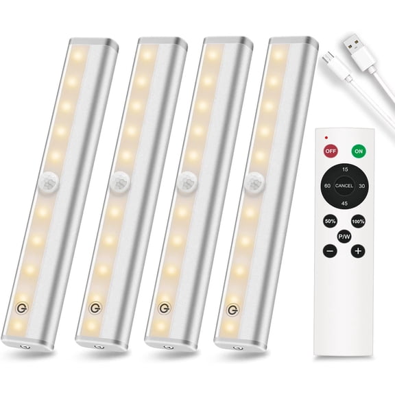 Remote Control Under Cabinet Lighting Wireless, 20-LED Dimmable Closet Lights Rechargeable Under Counter Light, Stick on Touch Night Light Strip Bar for Kitchen Stairway Bedroom, 3 Colors