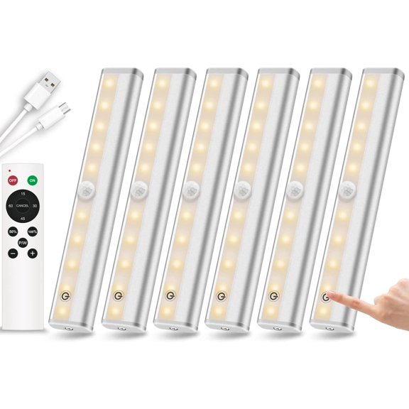 Remote Control Under Cabinet Lighting Wireless 6 Pack, 20-LED Dimmable Closet Lights Rechargeable Under Counter Light, Stick on Touch Night Light Strip Bar for Kitchen Stairway Bedroom, 3 Colors