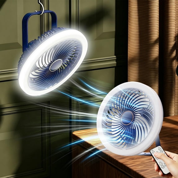 Remote Control Camping Fan with LED Light, 8 Inch Rechargeable Tent Fan with Aromatherapy, Portable Hanging Desk Fan for Indoor Outdoor (Blue)