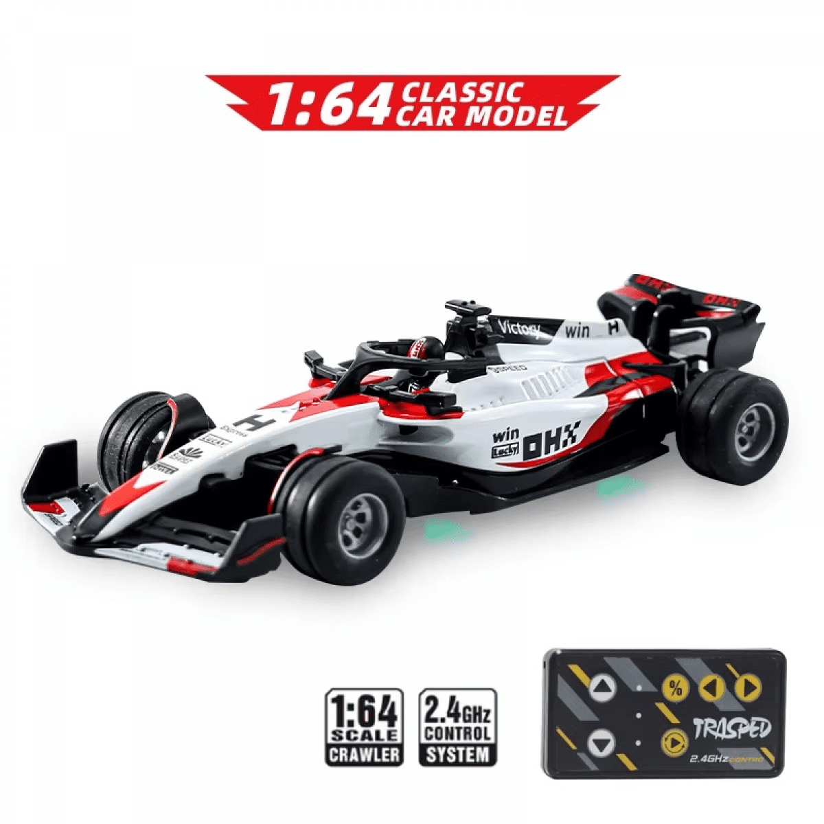 Remote Control Car 1:64 Scale Formula RC Race Car with Lights, Alloy Racing Vehicle for Adults Kids Gifts-White