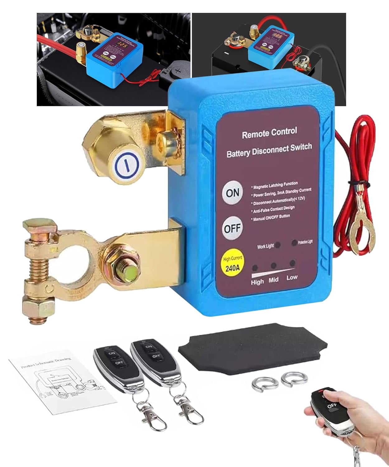 Remote Control of Car Devices for Anti-Theft Safety | 12V/24V 240A 2025 New Remote Battery Disconnect Switch, Prevent Battery Drain Kill Switch for Car, Truck and RV