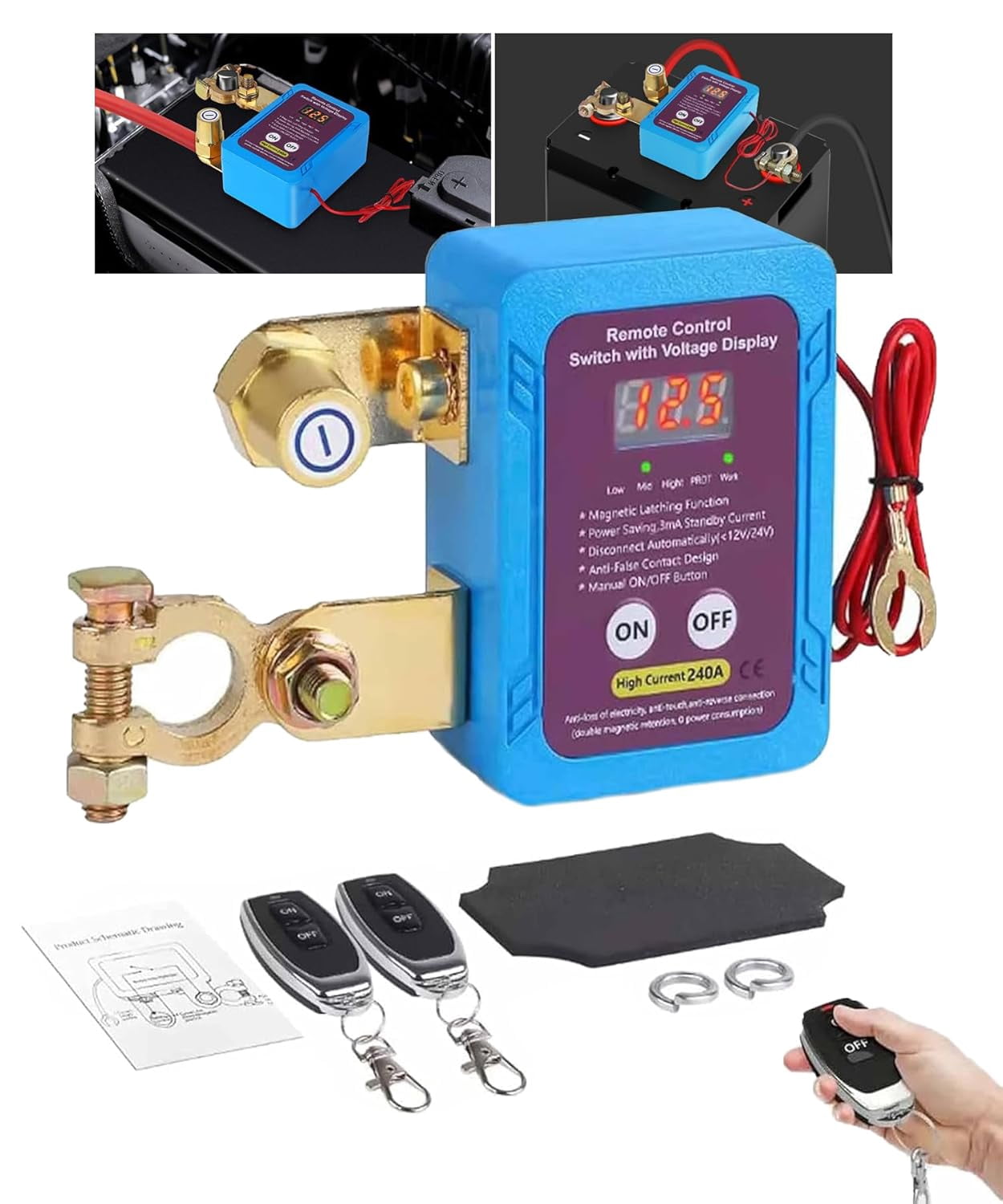 Remote Control of Car Devices for Anti-Theft Safety | 12V/24V 240A 2025 New Remote Battery Disconnect Switch, Prevent Battery Drain Kill Switch for Car, Truck and RV