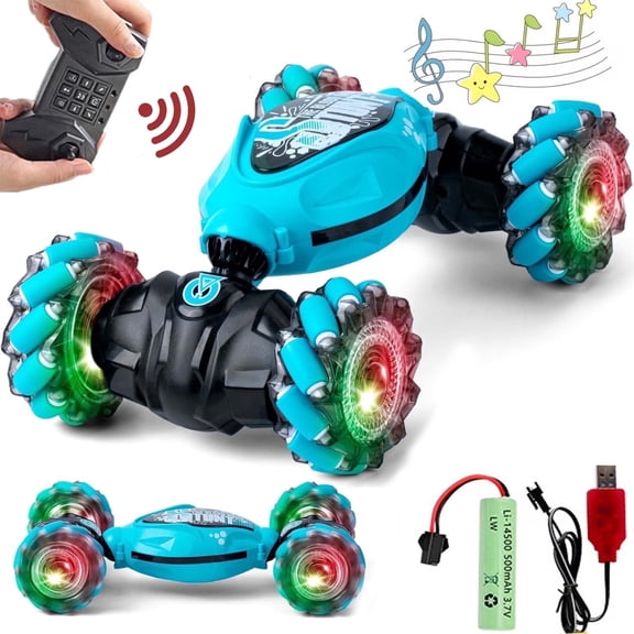 Lvelia RC Stunt Car for Kids, Remote Control Car Double-Sided Driving Drift Twist Offroad 360°Rotation with Lights Music for Age 8-12 Boys Girls Birthday Gifts,Blue