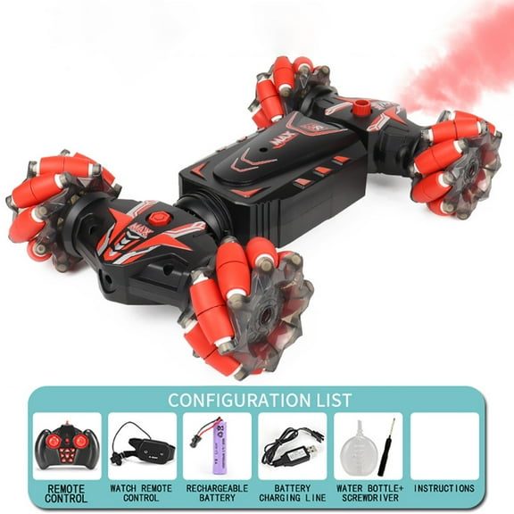 Remote Control Car Hand Controlled Gesture RC Stunt Car with Spray & Lights & Music, 4WD 2.4GHz Off-Road Vehicle 360° Double Sided Rotation Crawler Vehicle RC Car-Red
