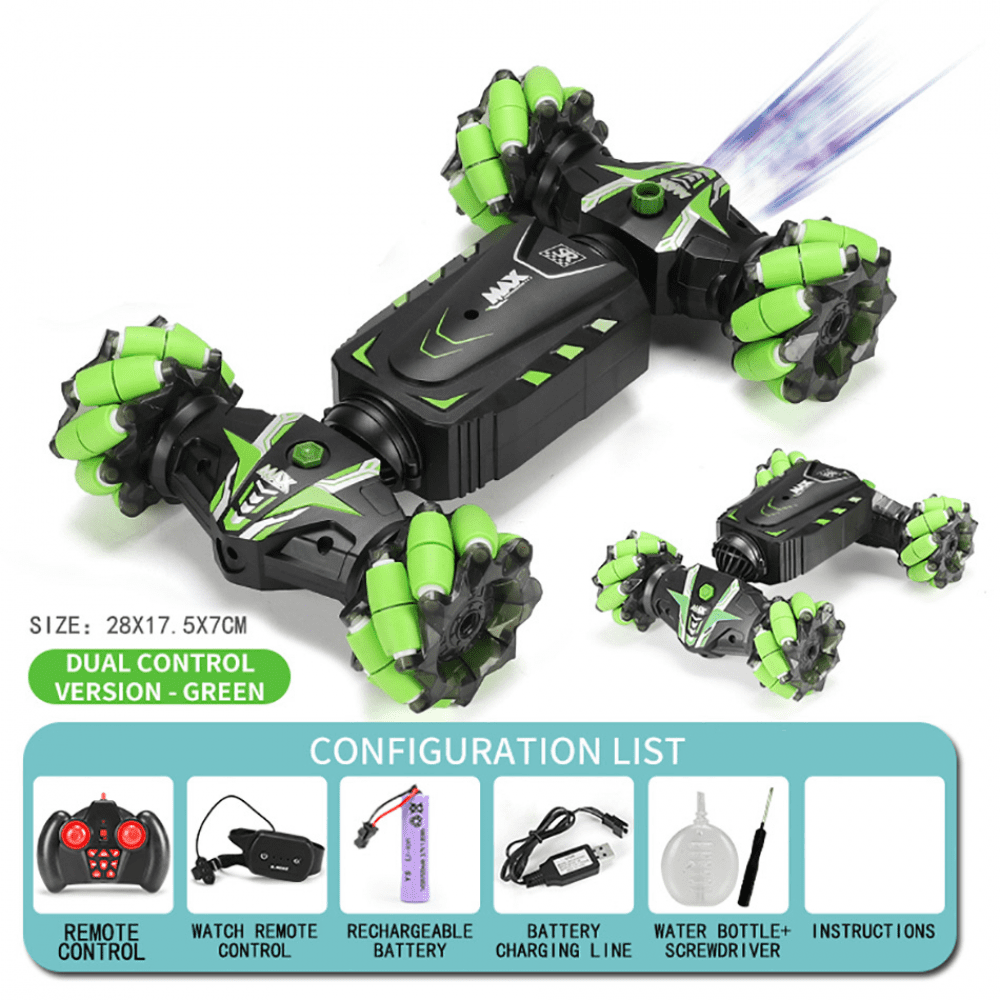 Remote Control Car Hand Controlled Gesture RC Stunt Car with Spray & Lights & Music, 4WD 2.4GHz Off-Road Vehicle 360° Double Sided Rotation Crawler Vehicle RC Car-Green