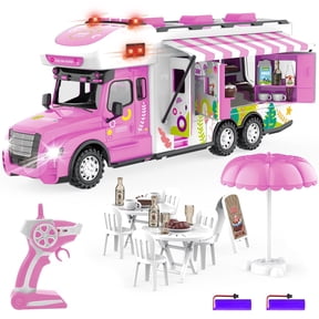 Remote Control Car, RC Camper Car Toy with Light & Sound Camping Equipment Set, Pretend Play RV Set Dollhouse Vehicle Birthday Gifts for 3-8 Year Girls