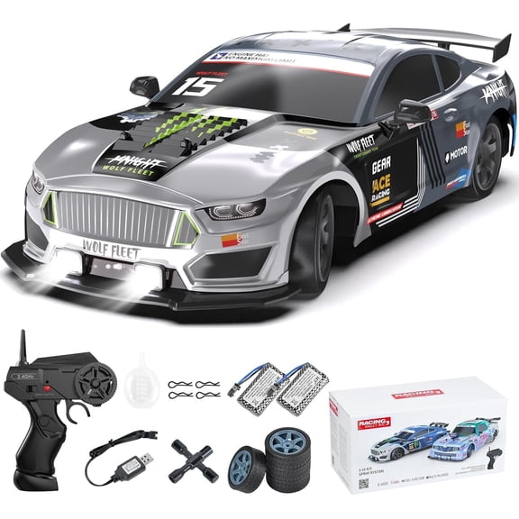 Remote Control Car RC Drift Car 2.4GHz High Speed Vehicle with LED Lights and Spray, Extra Drifting Tires Racing Toys Gifts for Kids, 2 Batteries