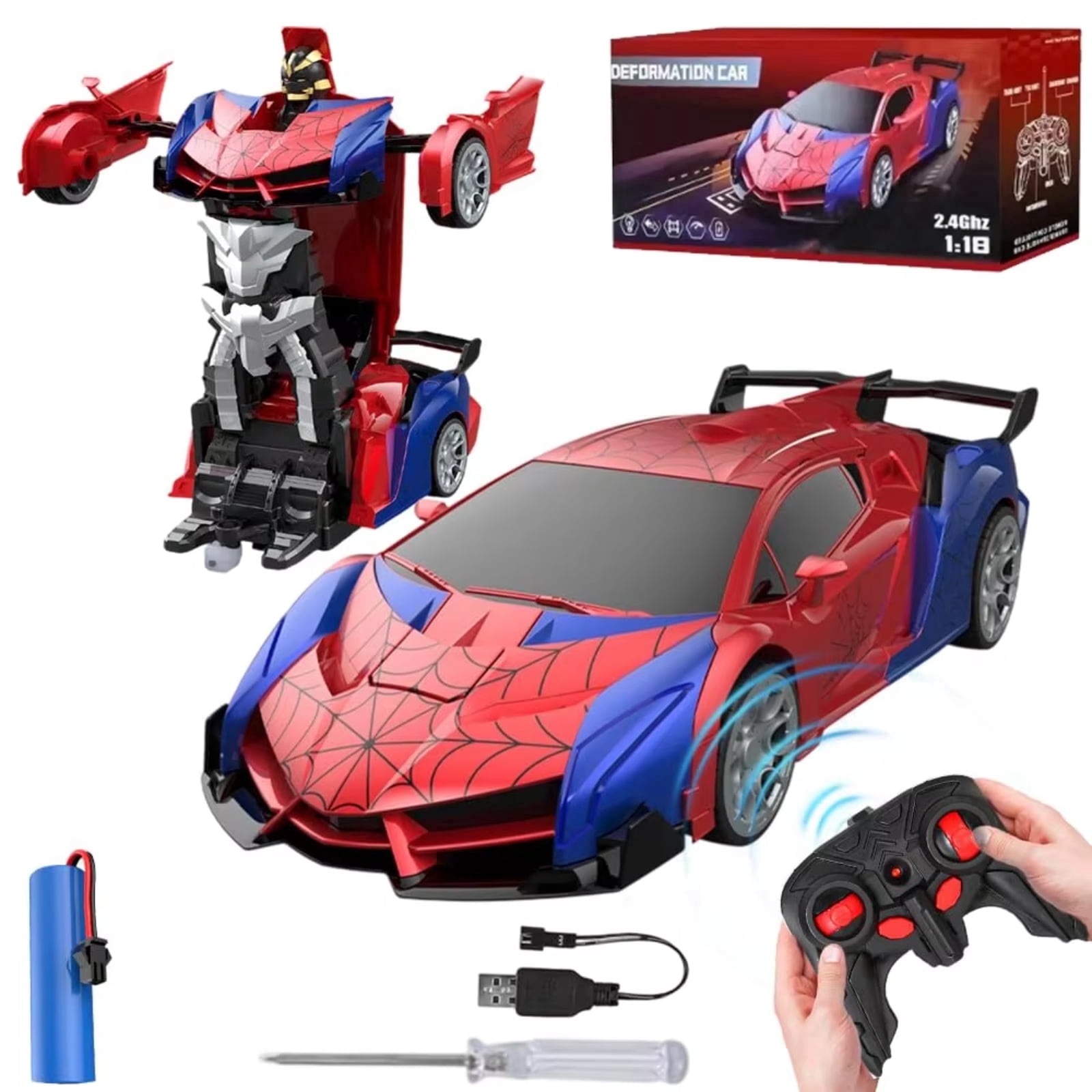 Remote Control Car Spider 2-in-1 Transforming Robot Toy, 1:18 Scale 2.4GHz RC Vehicle with 360° Rotation and LED Lights, Gift for Boys Ages 3-12