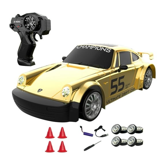 Remote Control Car Toy , 1 Remote Controller 4 Traffic Cones 8 Tires 1 Screwdriver 1 Charging Cable Included, Golden Rc Drift Car With Realistic Design For Indoor Outdoor