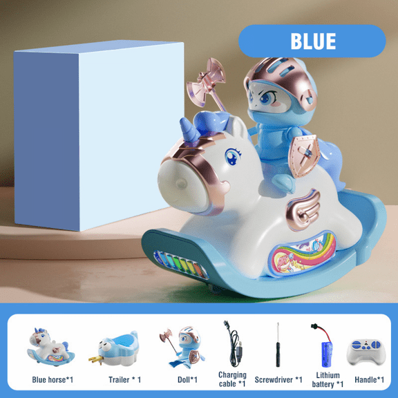 Remote Control Car Toys Wooden Horse for Kids, RC Car Electric Wooden Carriage with Trailer for Boys Girls Ages 3+ Christmas Birthday Gifts(Blue)
