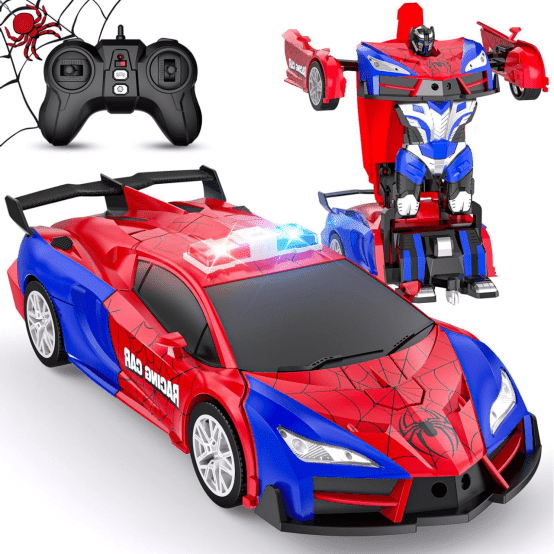 Remote Control Car Transforms into Robot with One Button – 2.4GHz 360° Rotating Police Car with Lights, 1:18 Scale Toy for Kids 4-7 6-8 8-12