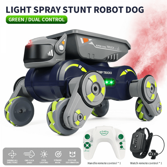 Remote Control Car for Kids, 360° Rotation Robot Dog Toy RC Stunt Car with Lights, Music & Spray for Boys Girls Christmas Gifts(Green)