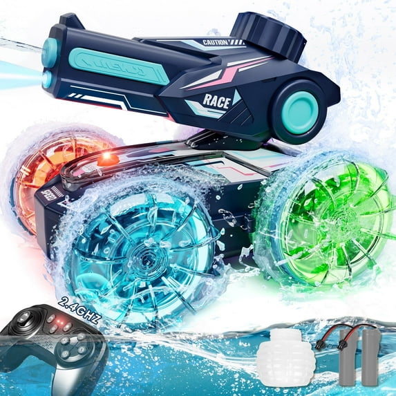 Amphibious Remote Control Cars, 4WD Amphibious RC Car Boat for Kids, Truck with Water Spray & Light, 2.4 GHz RC Toy Cars for Boys, Water Beach Pool Toys for Kids Ages 8-12, Blue