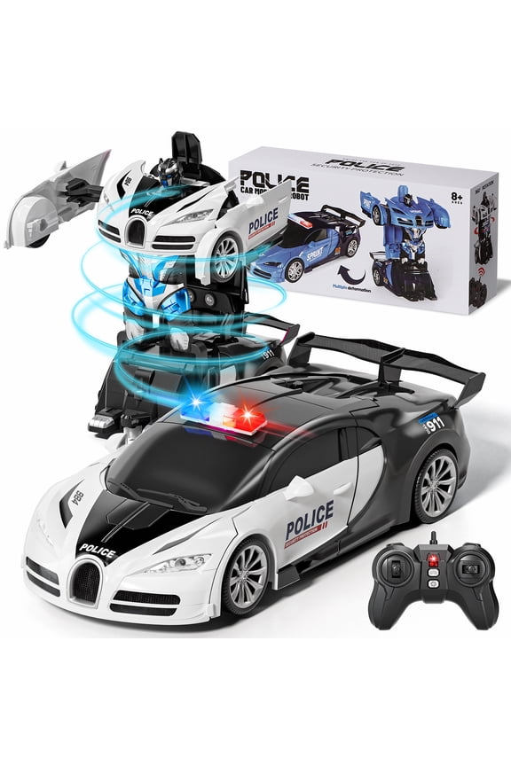 Remote Control Cars, Police Car Toy, Transform RC Cars, Transforming Toys with Cool Light, 360 Rotation One Button Deformation Car Toy, Birthday Gifts for Boys 5-7 8-12 Years Old