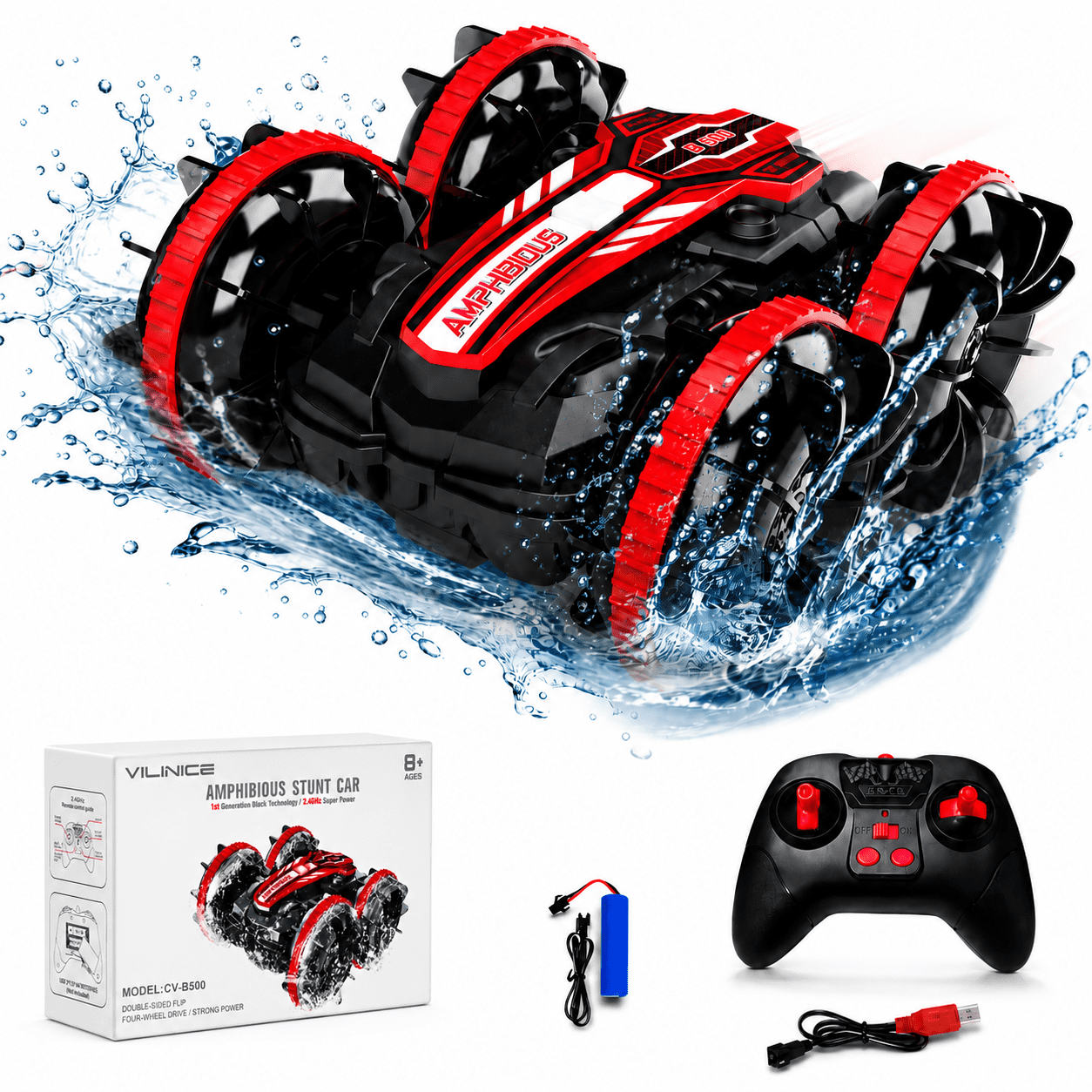 VILINICE 1:16 RC Car Toy for Kids, Amphibious Remote Control Car with 360° Flip Rotation, 4WD All-Terrain, Double-Sided Driving, Waterproof RC Truck Toy Car Gift for Boys Girls