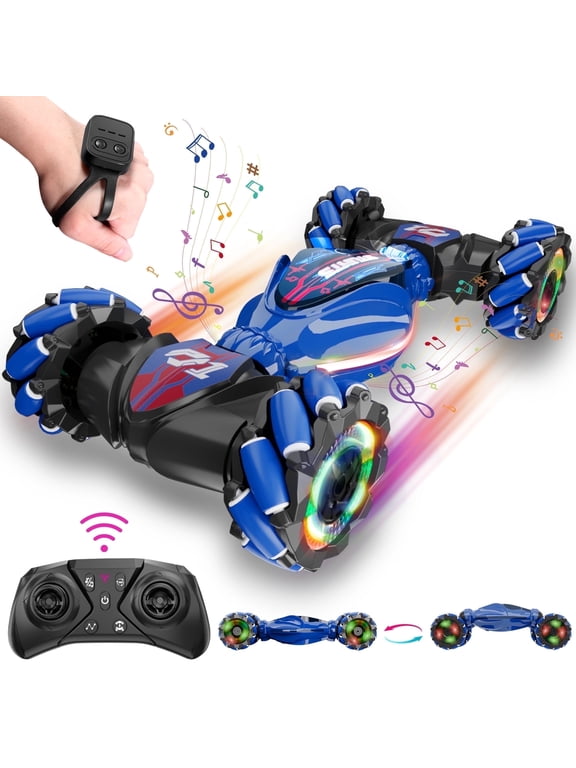 Remote Control Cars RC Stunt Car Toys for 8-12 Year Old Boys, UUGEE 2.4Ghz 1:14 4WD Gesture Sensing Transform Drift Car with Light & Music, Christmas Birthday Gifts for Kids- Blue