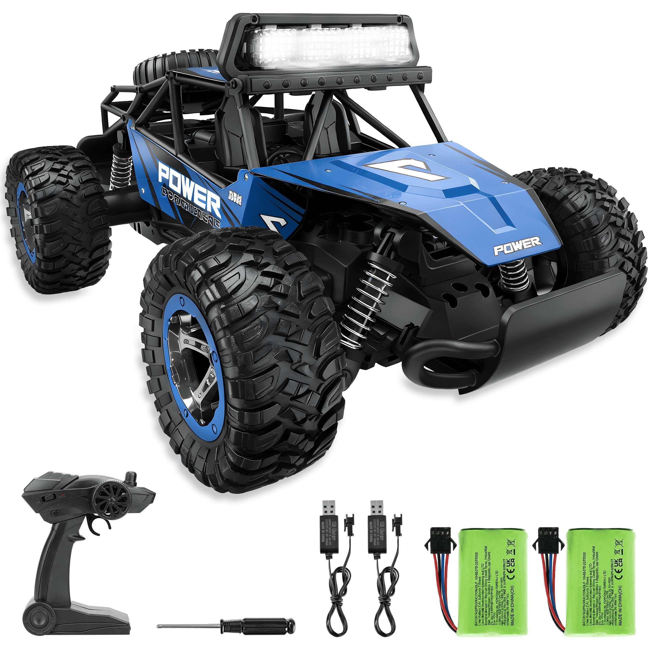 YCFUN RC Cars, 1:14 Scale Off-Road RC Monster Truck with Lights, Metal Shell & 2 Batteries, 2.4Ghz Remote Control Car Crawler for Kids Adults, Blue