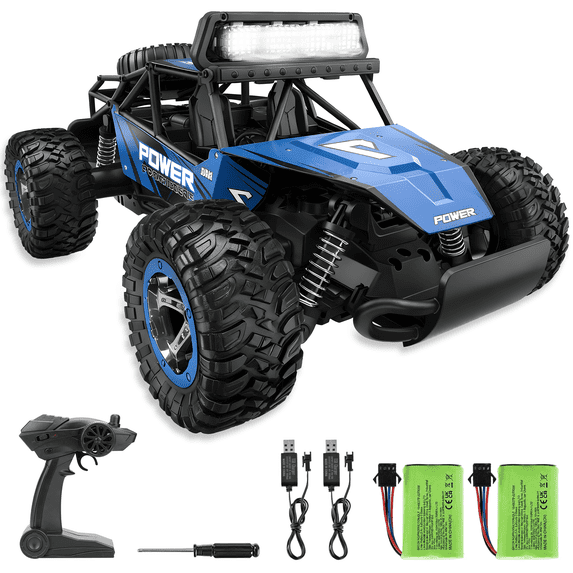 YCFUN RC Cars, 1:14 Scale Off-Road RC Monster Truck with Lights, Metal Shell & 2 Batteries, 2.4Ghz Remote Control Car Crawler for Kids Adults, Blue