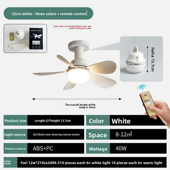 Remote Control Ceiling Fan Light 5 Blades 3 Color Modes High Speed E27 Base 2 in 1 Multifunctional Lighting