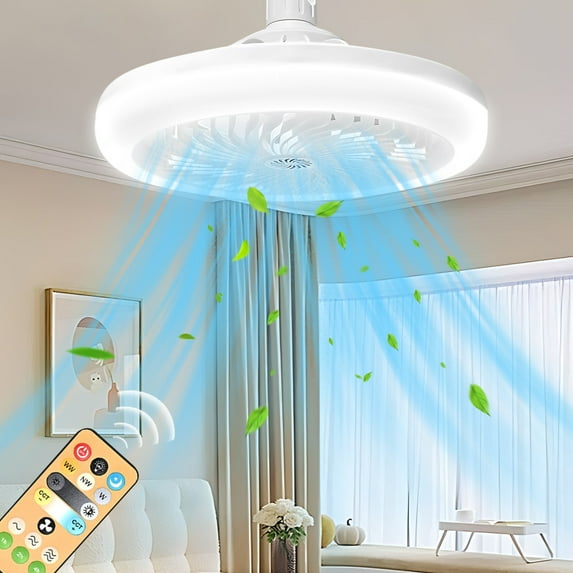 Remote Control Ceiling Fan Light E27 Base Three Speed Three Light Levels Timer Aromatherapy Attachment Study Bedroom Living Room(White)