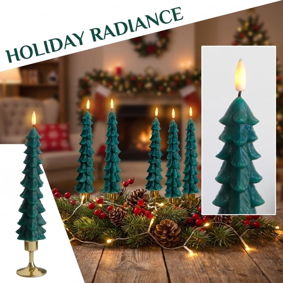 Remote Control Christmas Tree Shaped Flameless LED Candle, Embossed Paraffin Wax Pine Tree Light with Golden Metal Holder, Battery Operated Flickering Tabletop Ornament for Xmas Home & Party Layout