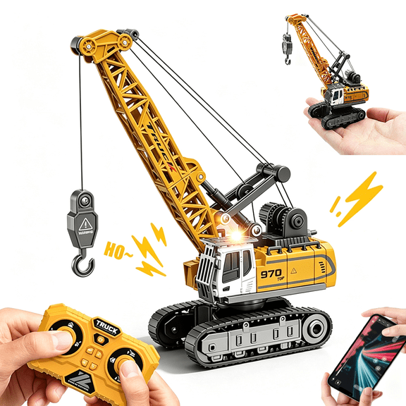 Remote Control Construction Crane Crawler 1/64 RC Truck Toys with 3 Speed, Lights & Sound for Kids Age 3+ Christmas Birthday Gifts