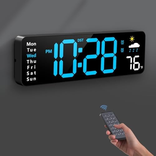 Remote Control Digital Wall Clock - Large LED Display with Date, Week, Temp & Humidity for Home & Office