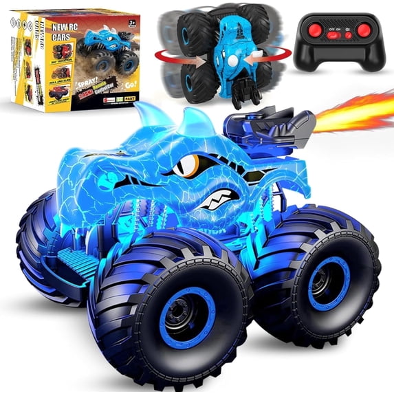 Remote Control Monster Truck for Kids, 2.4GHz RC Car with 360° Stunts, Spray Mist, LED Lights & Sounds, All Terrain Off-Road Vehicle, Birthday Gift for Boys & Girls Ages 3+(blue)