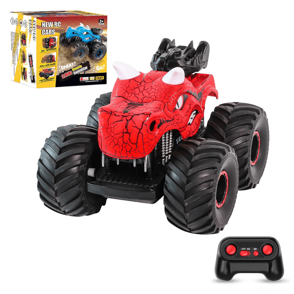 Remote Control Dinosaur Car,Monster Truck Toy with Spray,Glowing,Flipping Features,Indoor and Outdoor remote control toys for children