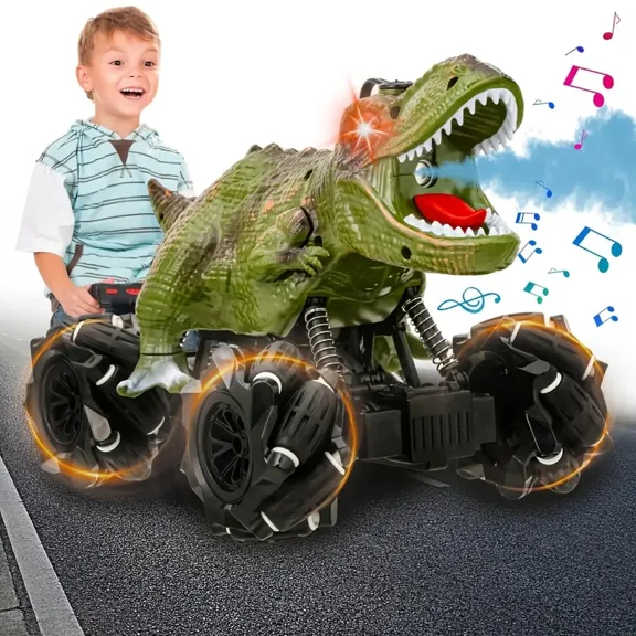 Remote Control Dinosaur Stunt Car - RC Monster Truck with Music, LED Lights & Spray, Indoor/Outdoor Toy for Kids, Unique Gift for Boys & Girls