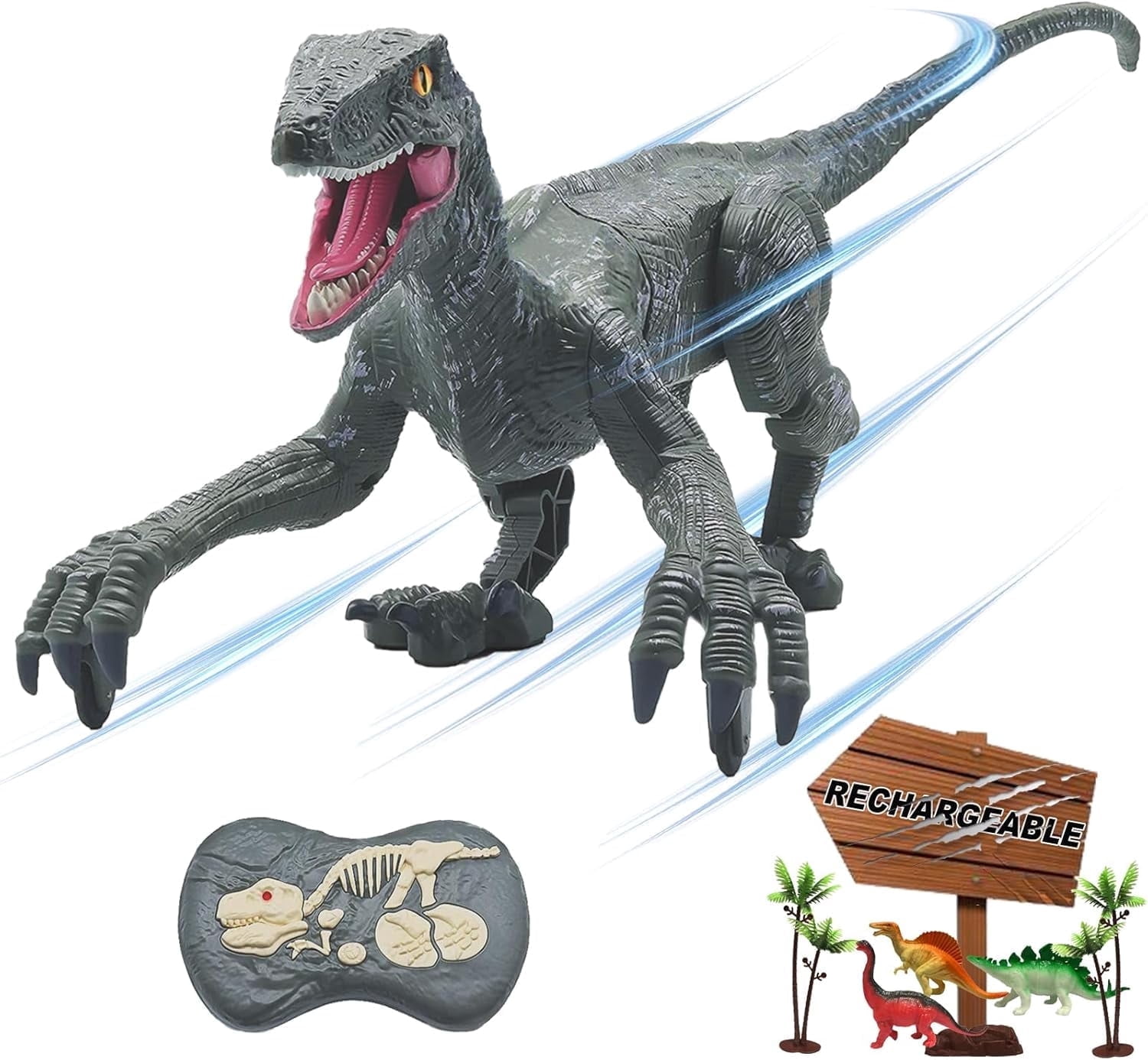 UFULMN Remote Control Dinosaur Toys for Boys Kids Girls Electronic RC Robot Toy Walking Roaring Velociraptor Jurassic Dino Rechargeable Raptor Blue